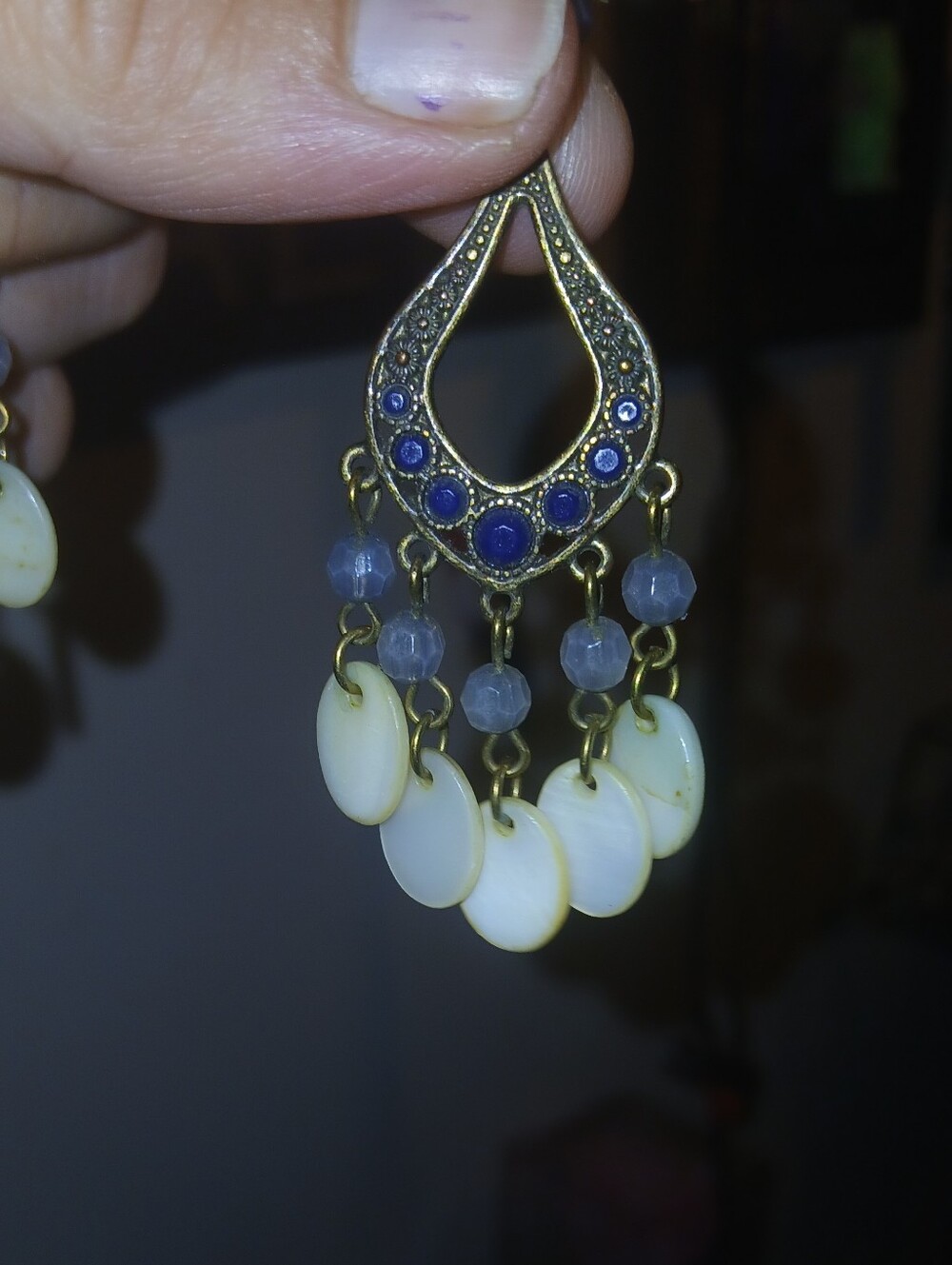 Boho Teardrop Dangle Earrings with White Shell Discs and Blue Accents